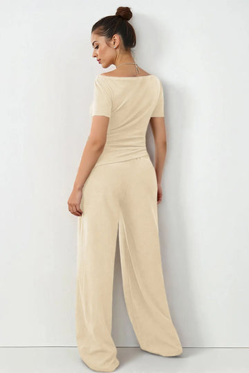 KATCH ME Basic Solid Color Scoop Neck Short Sleeve Slim Top & Wide Leg Pocket Trousers Co-ord